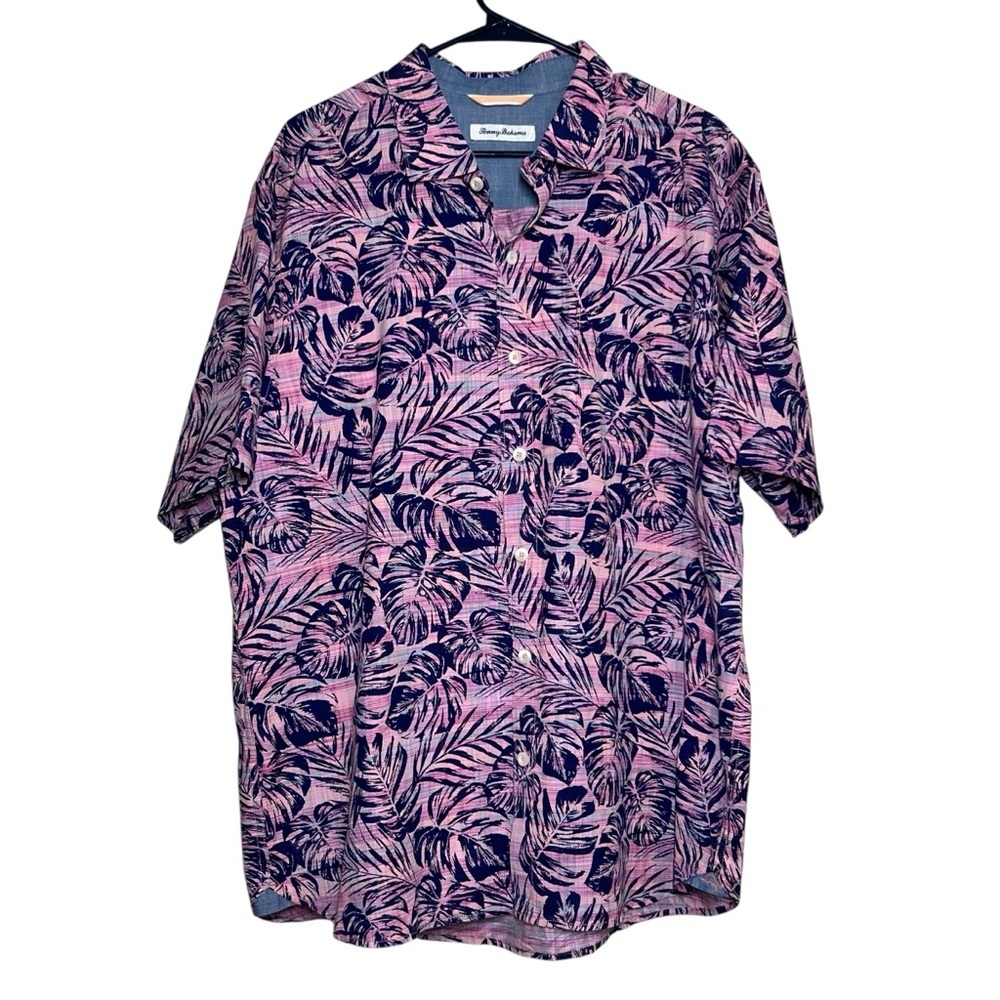 Tommy Bahama Camp Shirt Pink Navy Santa Rosa Palms ST326070 Mens Size XL Cotton
